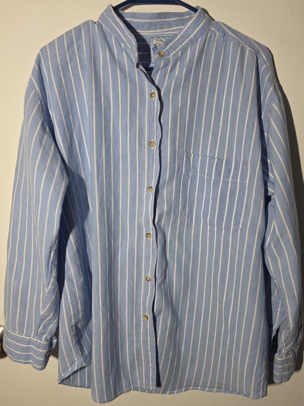 Relaxed Light Blue Striped Button-Down Shirt with Mandarin Collar